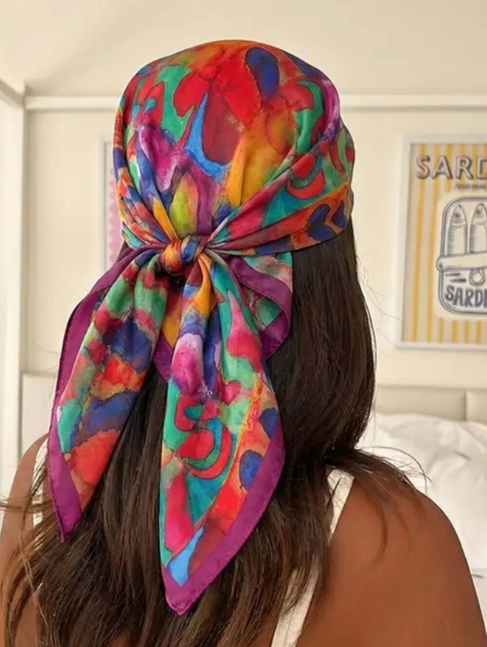 Silk-feel Vibrant Multicolor - Women's Head Scarf , Neck Scarf - Picture 2 of 4